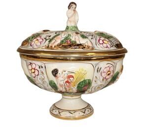 Capodimonte Porcelain Covered Cherub Floral Candy Dish VTG Pedestal Italy #77